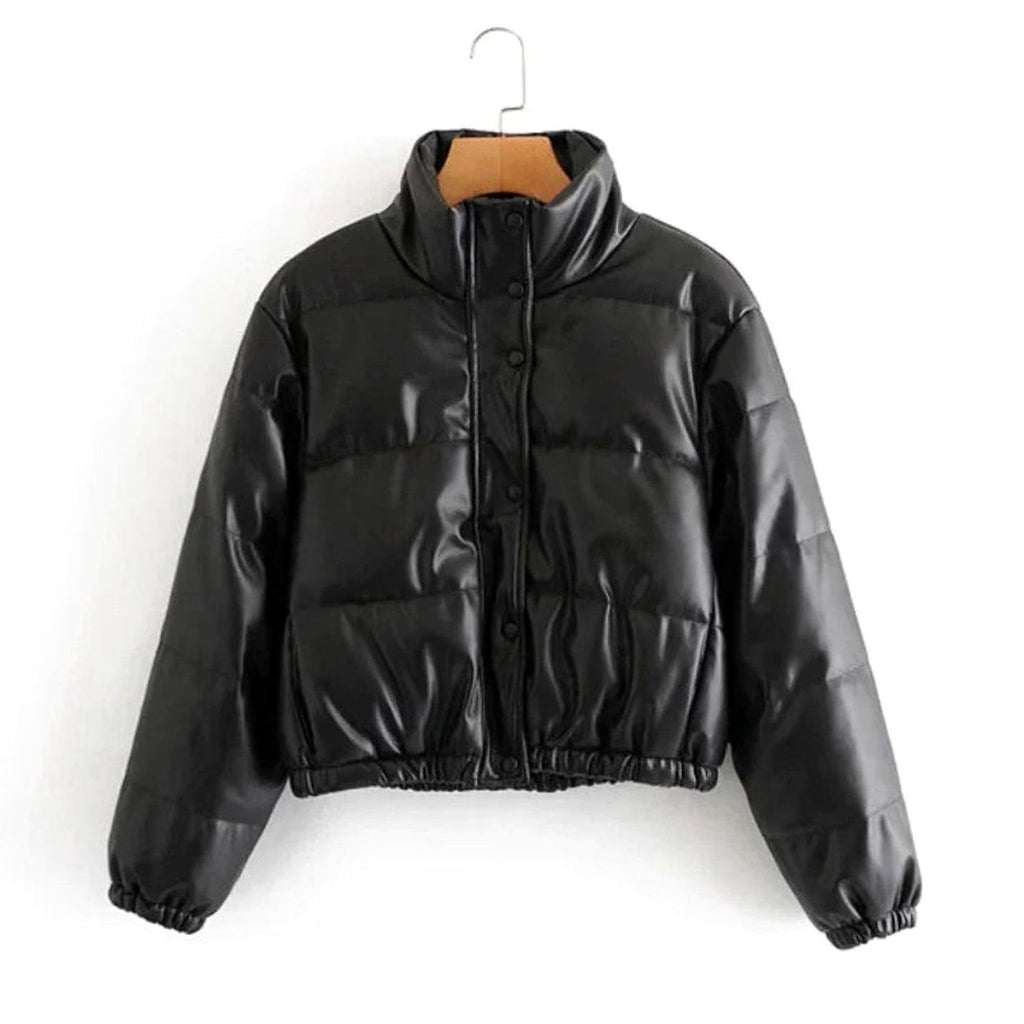 Women's Zip-Up Faux Leather Winter Puffer Jacket with Hood
