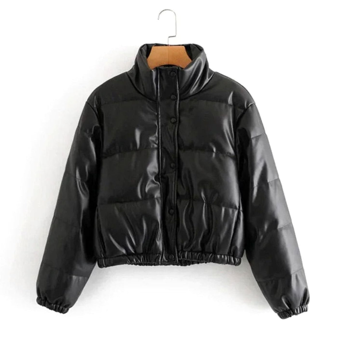 Women's Zip-Up Faux Leather Winter Puffer Jacket with Hood