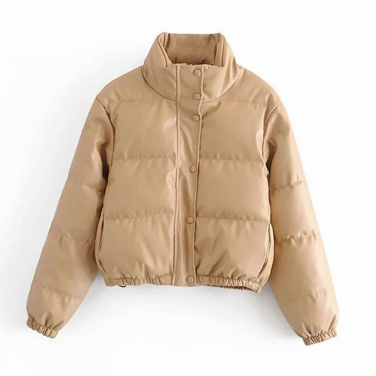 Women's Zip-Up Faux Leather Winter Puffer Jacket with Hood