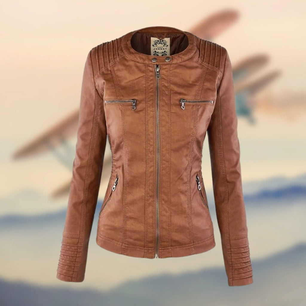 Women's Contrast Stitch Moto Jacket with Four Zip Pockets - Gold