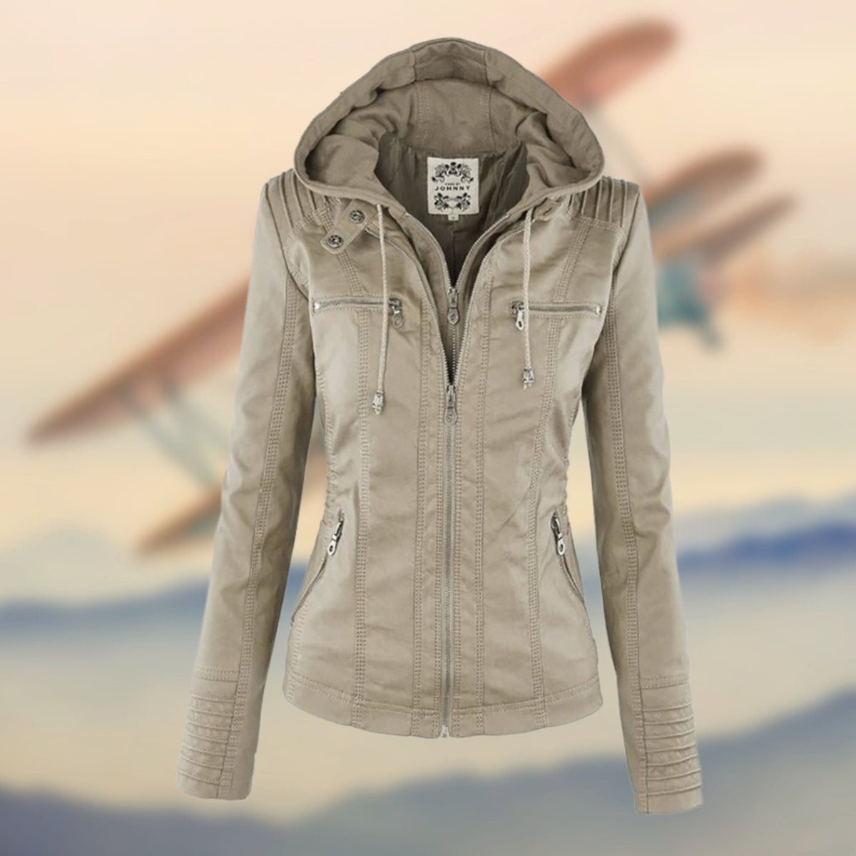 Women's Contrast Stitch Moto Jacket with Four Zip Pockets - Beige