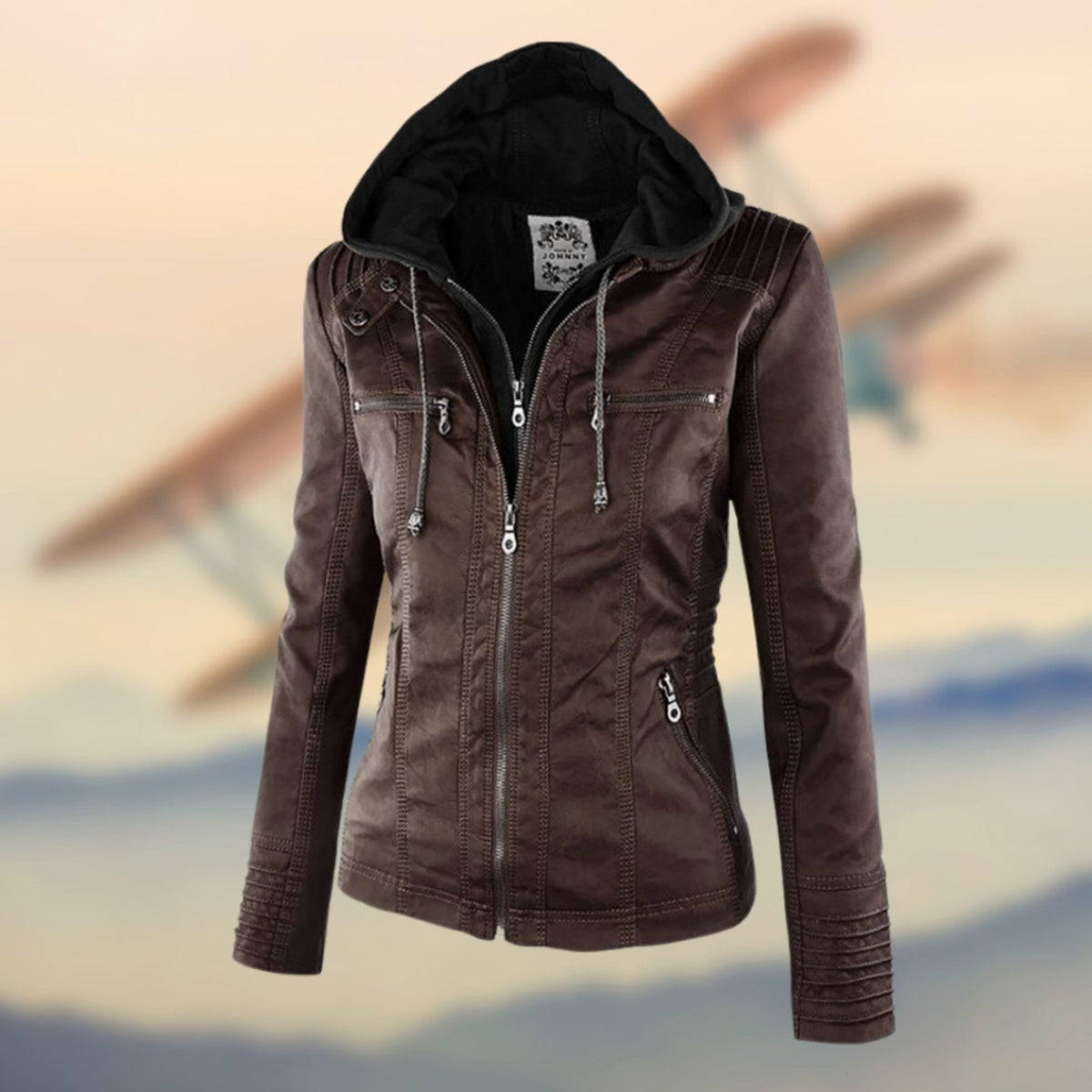 Women's Contrast Stitch Moto Jacket with Four Zip Pockets - Brown