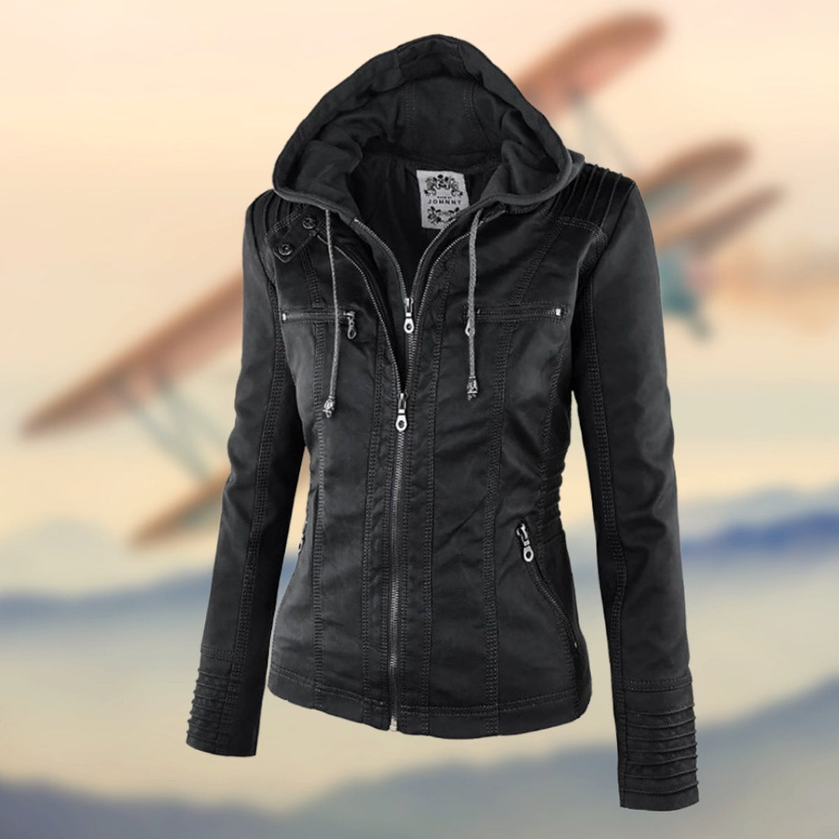 Women's Contrast Stitch Moto Jacket with Four Zip Pockets - Black