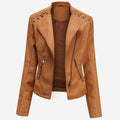 Women's Tailored Faux Leather Zip Jacket with Zip Pockets - Camel