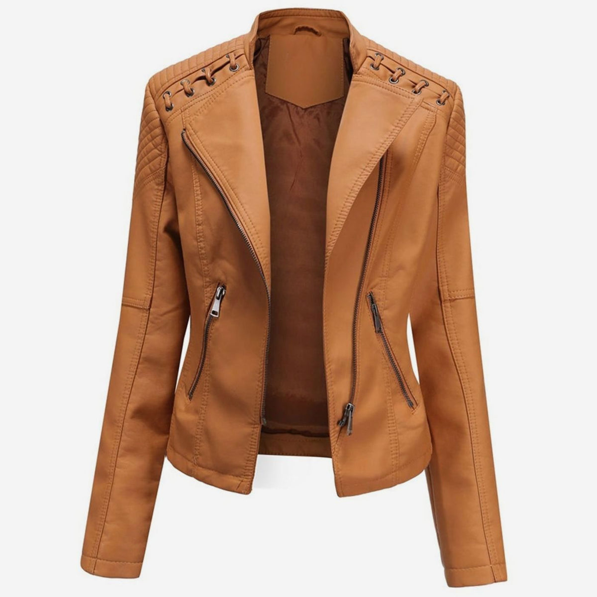 Women's Tailored Faux Leather Zip Jacket with Zip Pockets - Camel