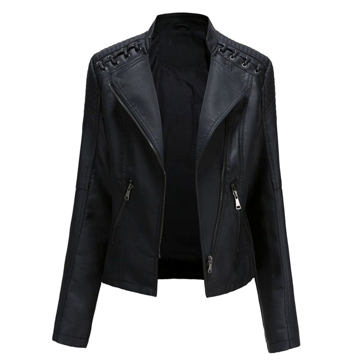 Women's Tailored Faux Leather Zip Jacket with Zip Pockets - Black