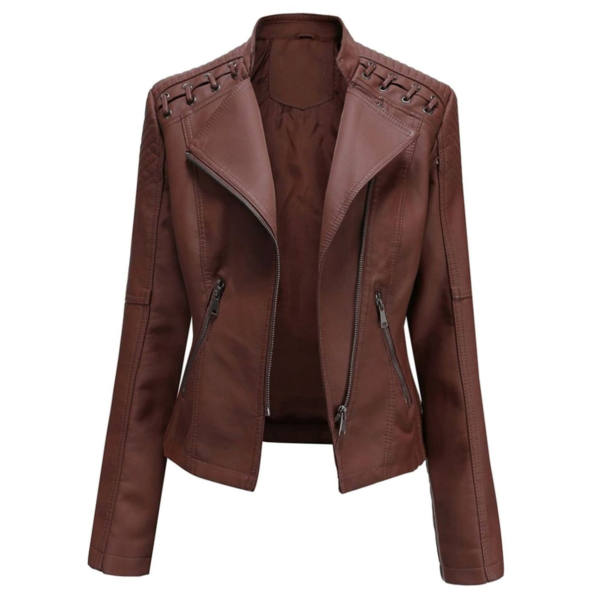 Women's Tailored Faux Leather Zip Jacket with Zip Pockets - Coffee