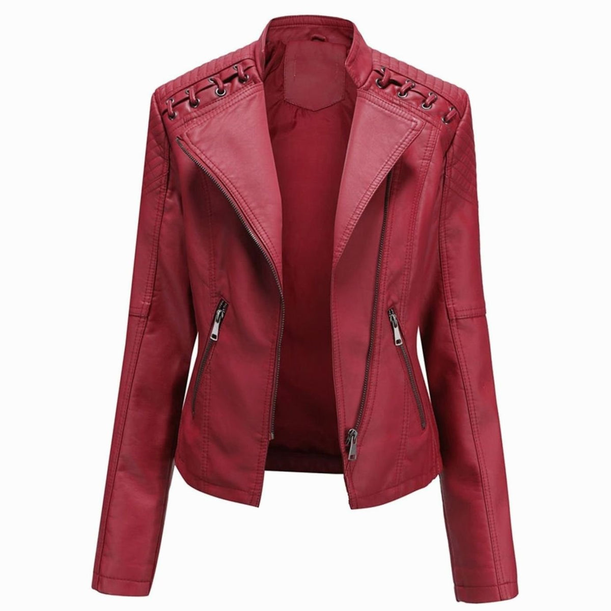 Women's Tailored Faux Leather Zip Jacket with Zip Pockets - Burgundy