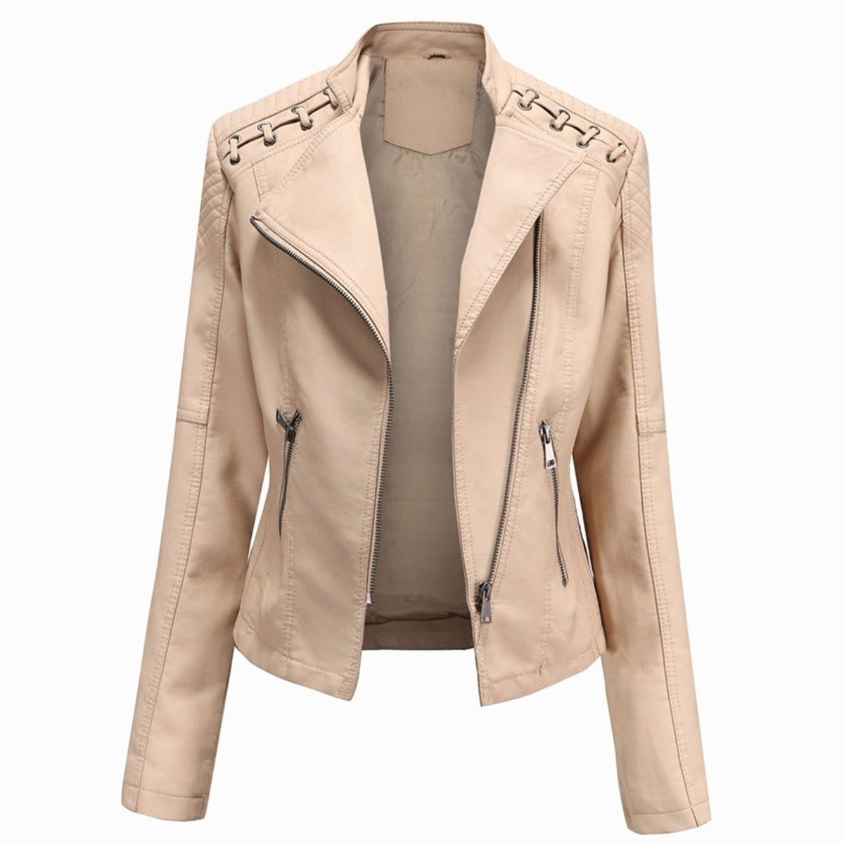 Women's Tailored Faux Leather Zip Jacket with Zip Pockets - Khaki