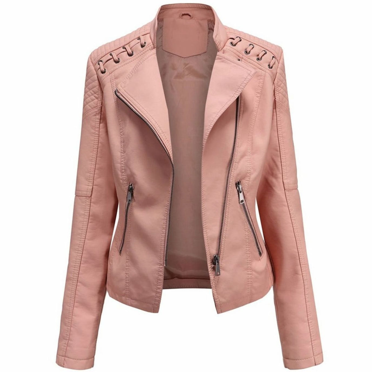 Women's Tailored Faux Leather Zip Jacket with Zip Pockets - Pink