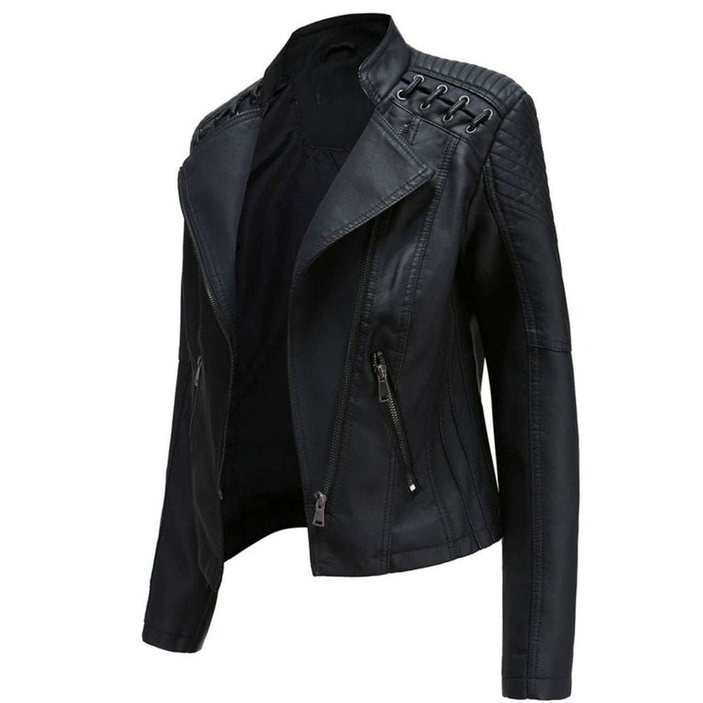 Women's Tailored Faux Leather Zip Jacket with Zip Pockets