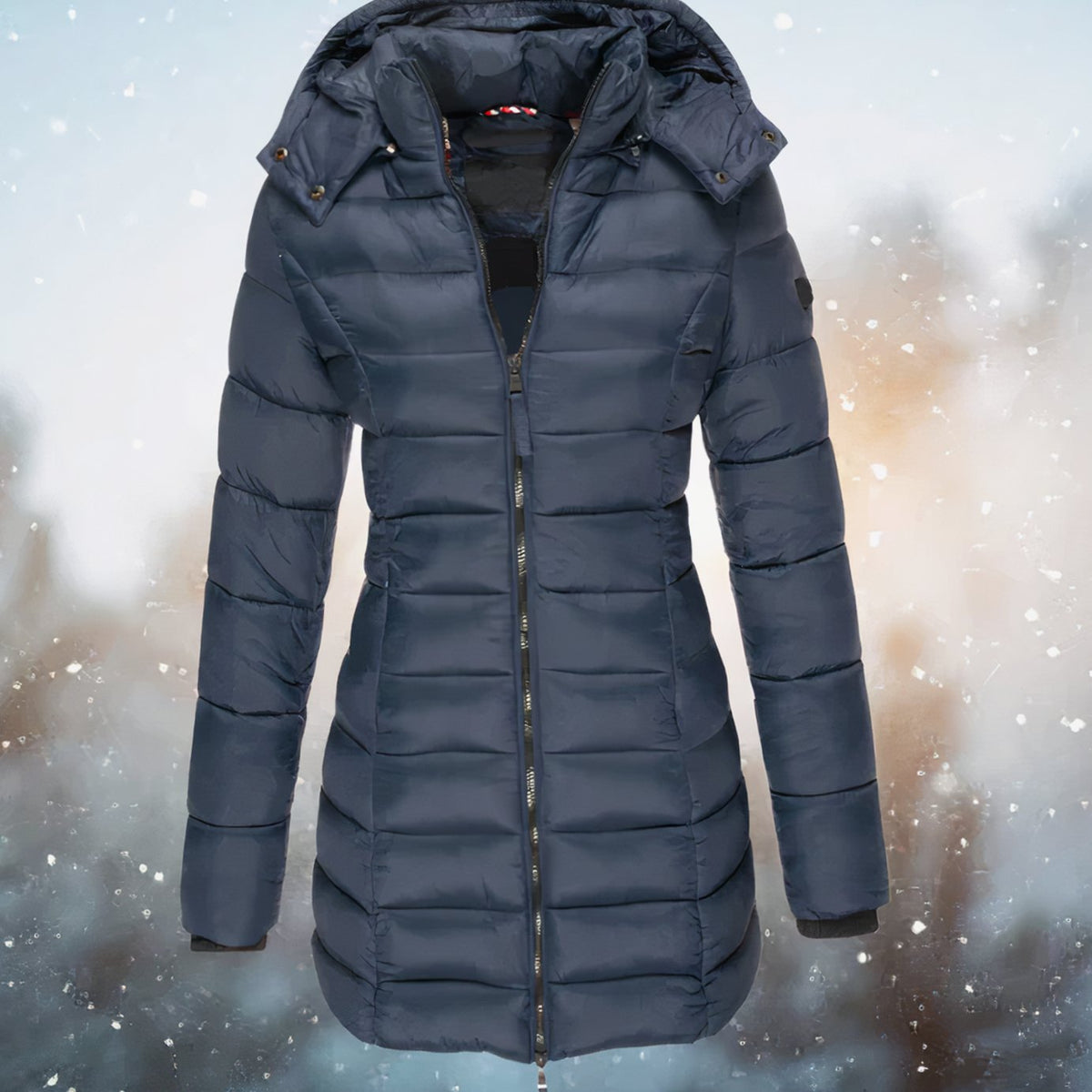 Women's Waist-Defining Longline Puffer Coat with Detachable Hood - Navy