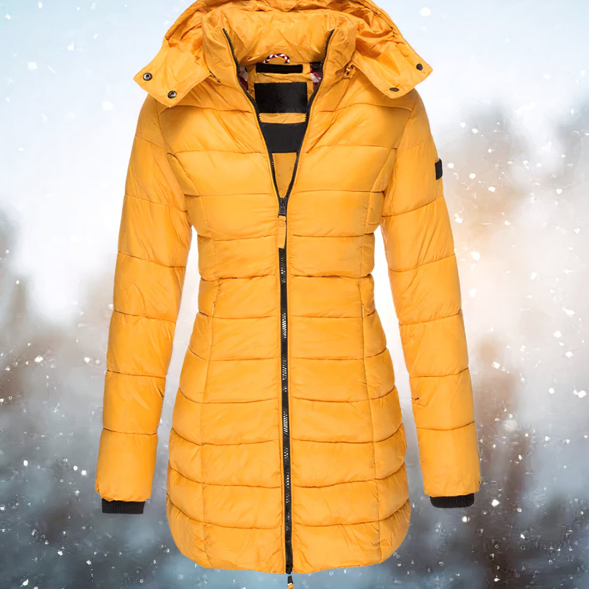 Women's Waist-Defining Longline Puffer Coat with Detachable Hood - Yellow