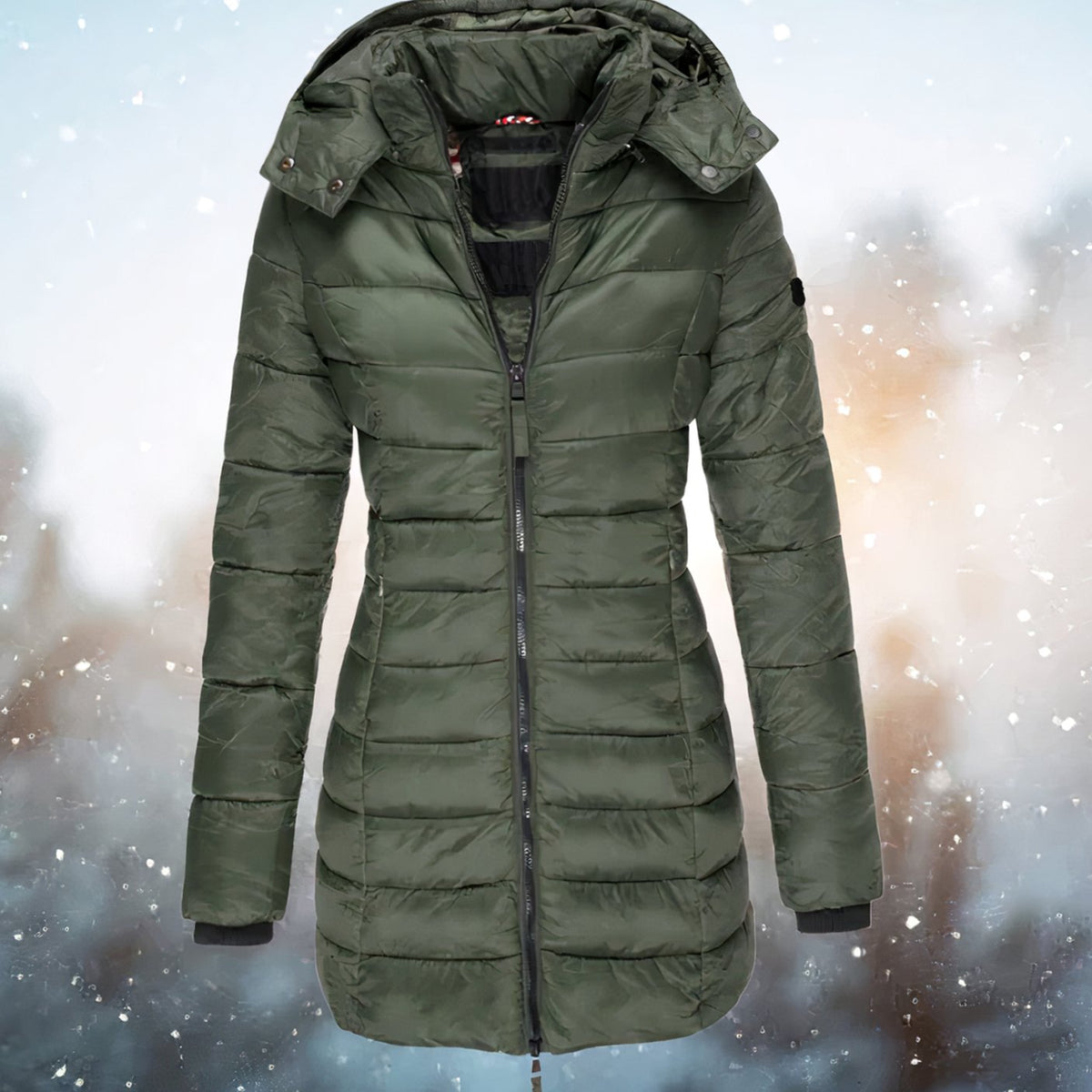Women's Waist-Defining Longline Puffer Coat with Detachable Hood - Green
