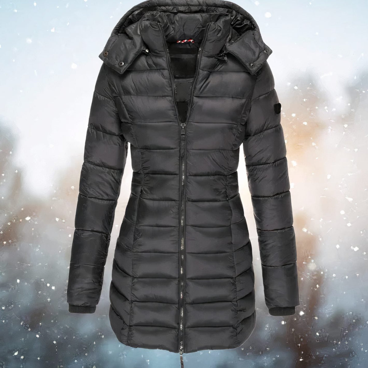 Women's Waist-Defining Longline Puffer Coat with Detachable Hood - Black