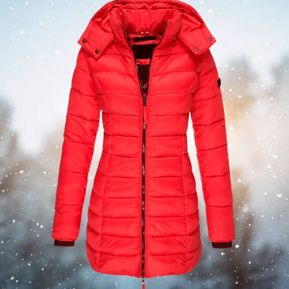 Women's Waist-Defining Longline Puffer Coat with Detachable Hood - Red