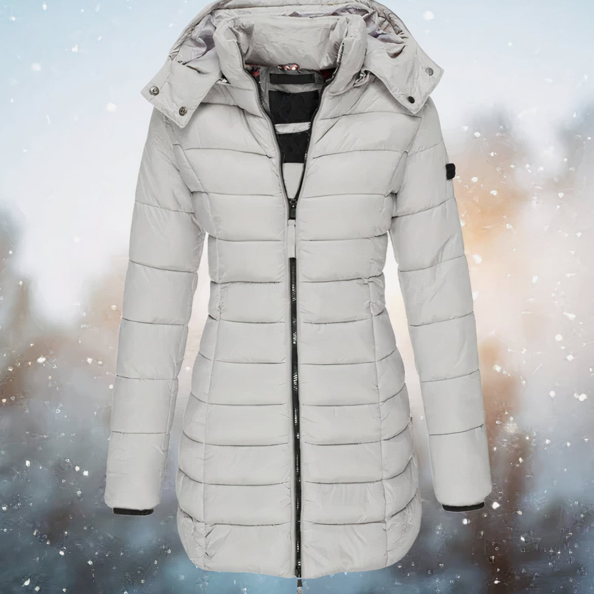Women's Waist-Defining Longline Puffer Coat with Detachable Hood - Gray