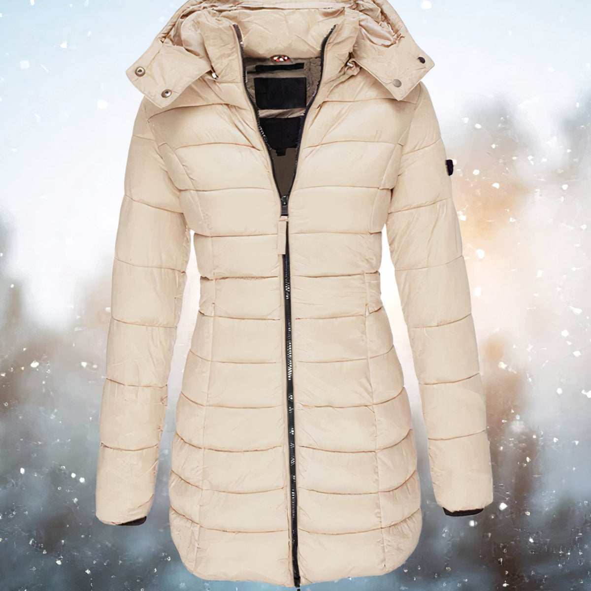 Women's Waist-Defining Longline Puffer Coat with Detachable Hood - Khaki