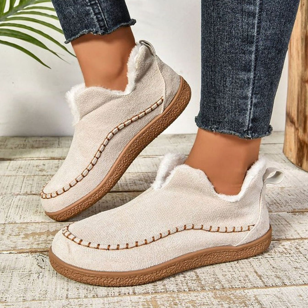Women's Cozy Fleece-Lined Moccasin Slip-Ons with Rubber Sole - White