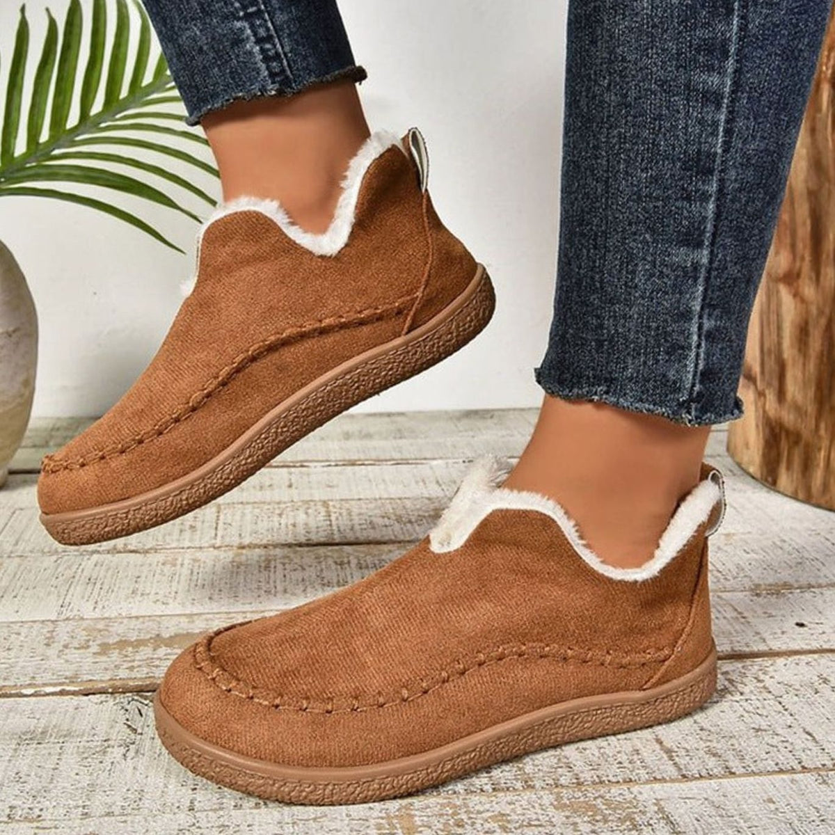 Women's Cozy Fleece-Lined Moccasin Slip-Ons with Rubber Sole - Brown