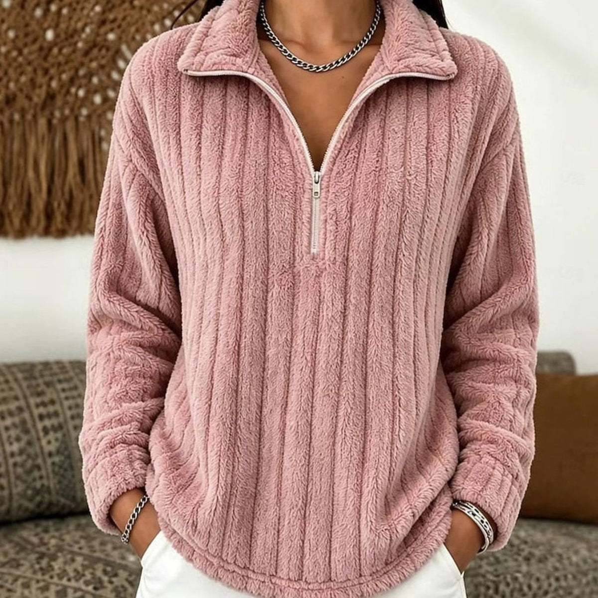 Women's Soft Fleece Lounge Sweater with Quarter-Zip Collar - Pink