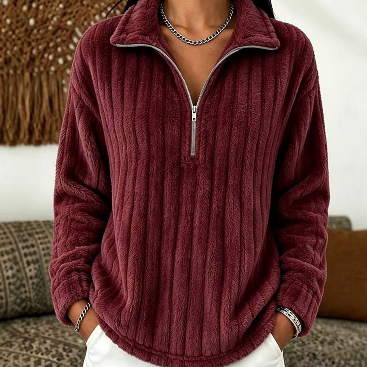 Women's Soft Fleece Lounge Sweater with Quarter-Zip Collar - Red