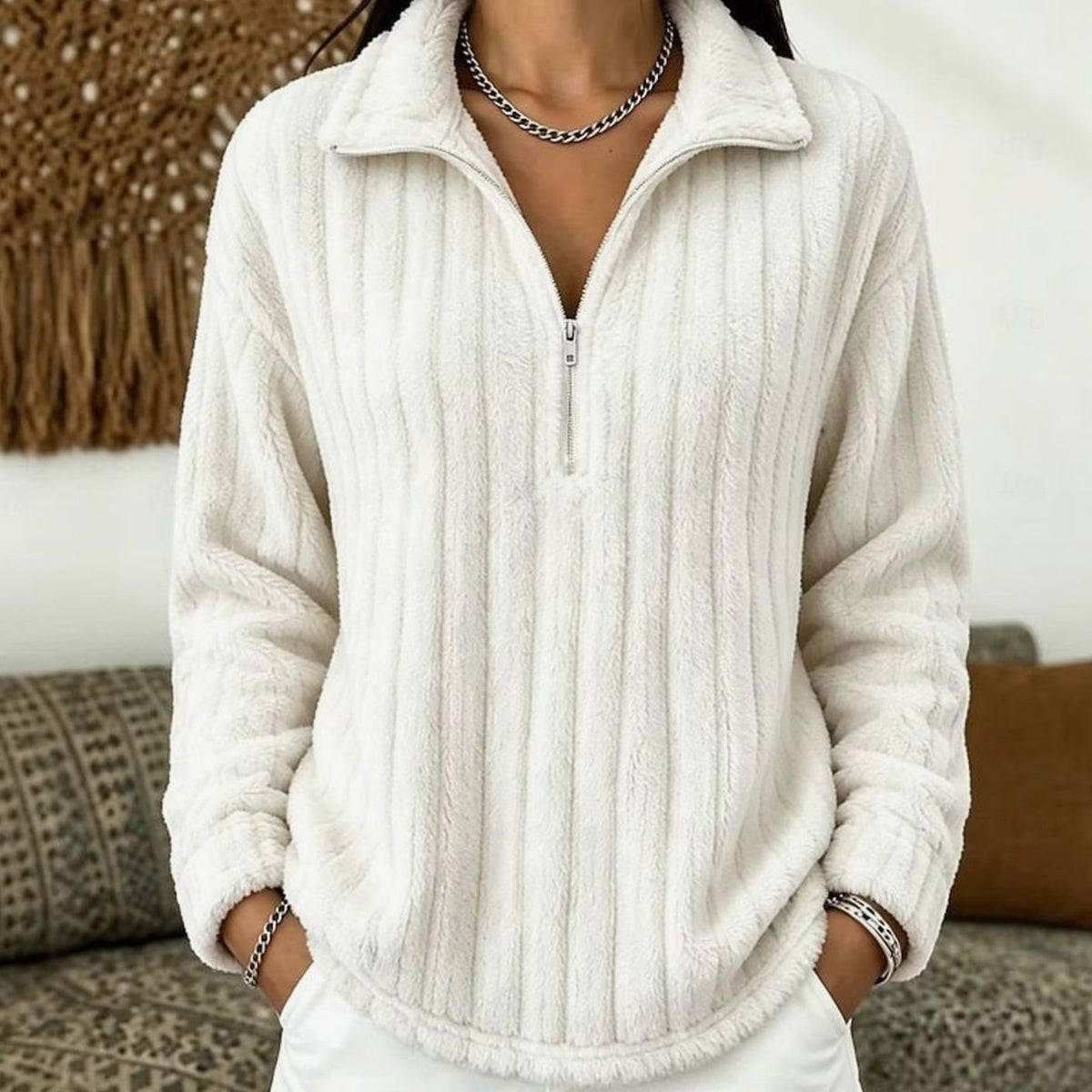 Women's Soft Fleece Lounge Sweater with Quarter-Zip Collar - White
