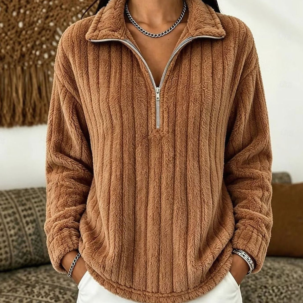 Women's Soft Fleece Lounge Sweater with Quarter-Zip Collar - Light Brown