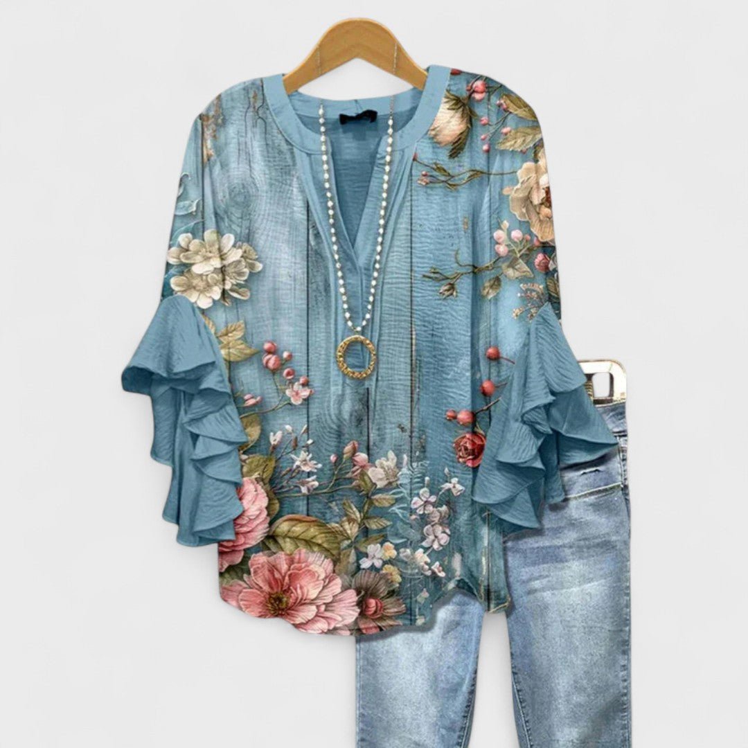 Women's Floral Blouse Ruffle Sleeves V-Neck Casual