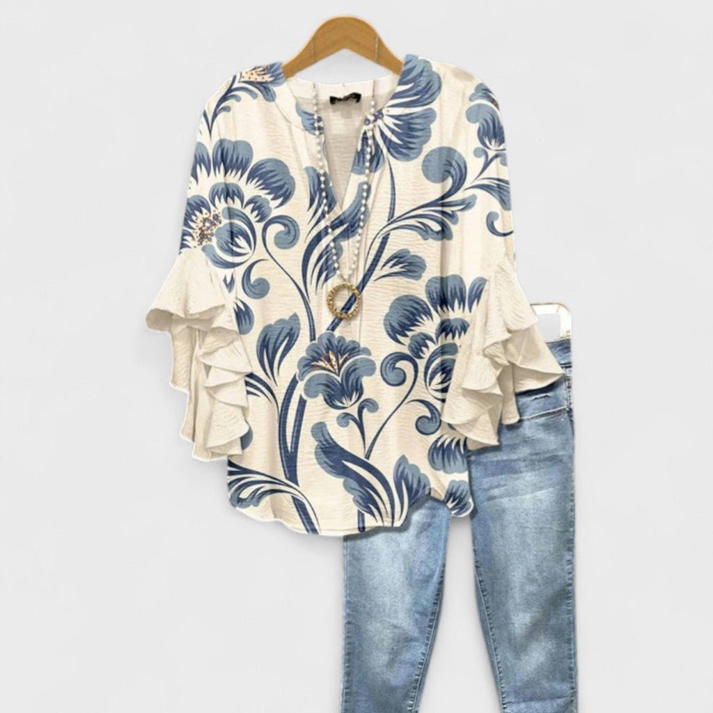 Women's Floral Blouse Ruffle Sleeves V-Neck Casual