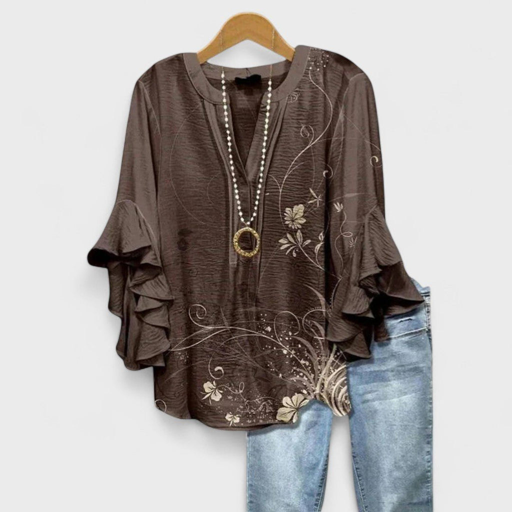 Women's Floral Blouse Ruffle Sleeves V-Neck Casual