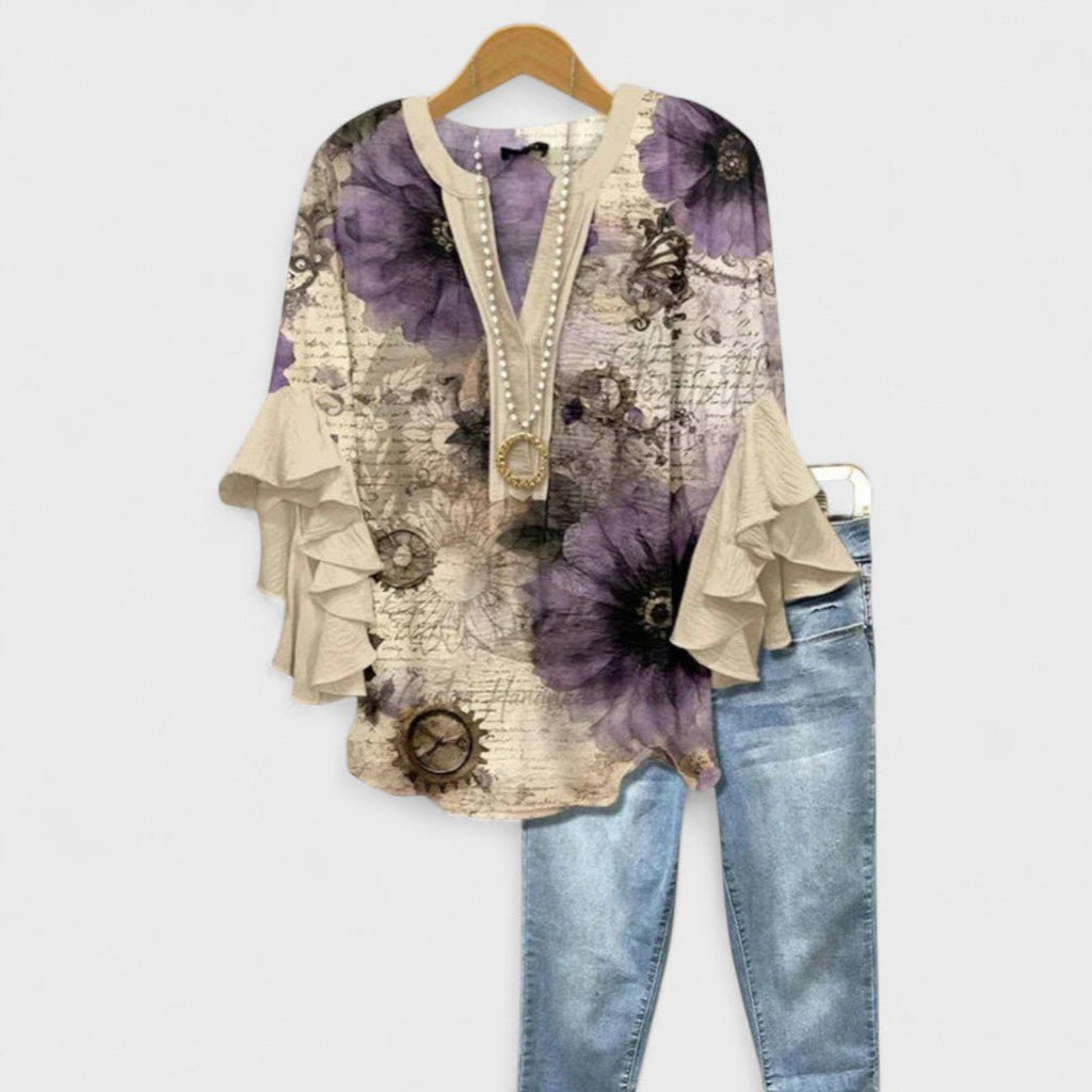 Women's Floral Blouse Ruffle Sleeves V-Neck Casual