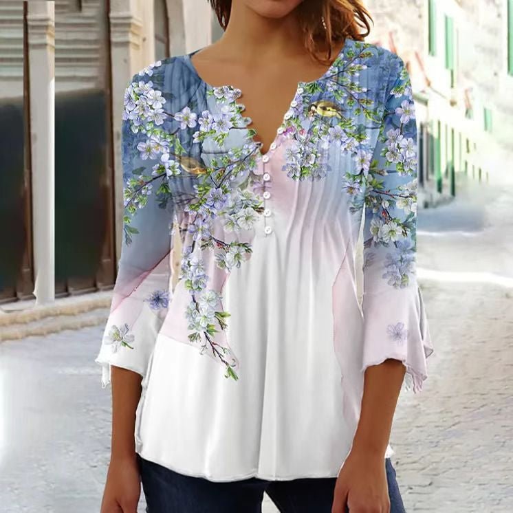 Women's Floral Long Sleeve Relaxed-Fit Henley Blouse