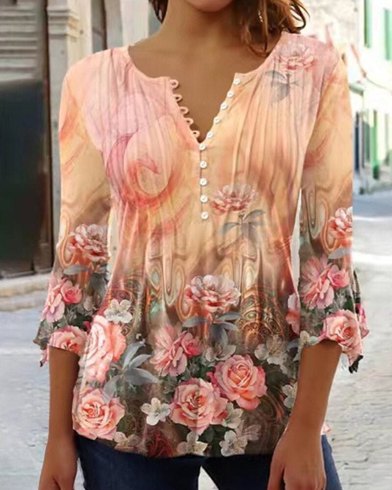 Women's Floral Long Sleeve Relaxed-Fit Henley Blouse