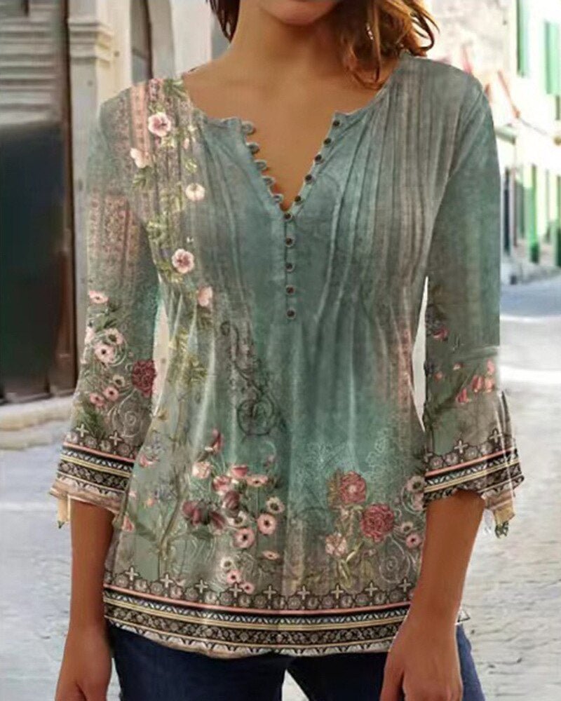 Women's Floral Long Sleeve Relaxed-Fit Henley Blouse