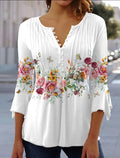 Women's Floral Long Sleeve Relaxed-Fit Henley Blouse