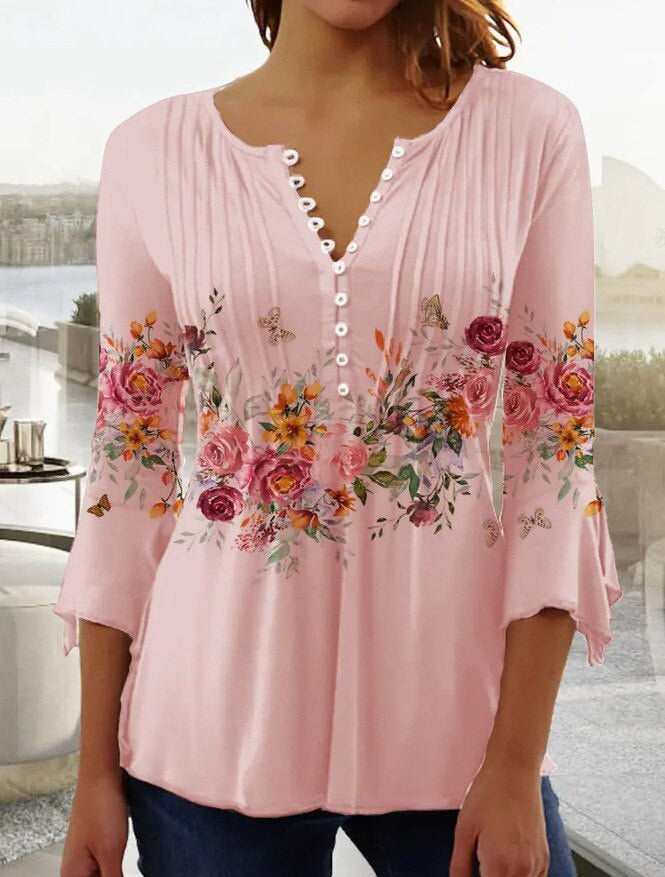 Women's Floral Long Sleeve Relaxed-Fit Henley Blouse