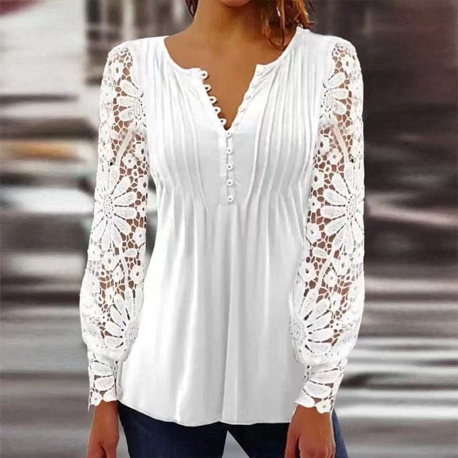 Women's Floral Long Sleeve Relaxed-Fit Henley Blouse