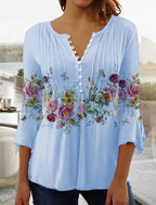 Women's Floral Long Sleeve Relaxed-Fit Henley Blouse