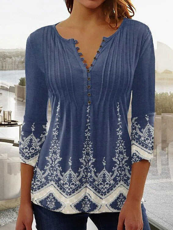 Women's Floral Long Sleeve Relaxed-Fit Henley Blouse