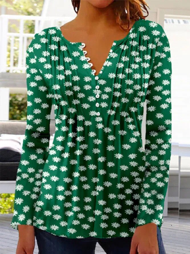 Women's Floral Long Sleeve Relaxed-Fit Henley Blouse
