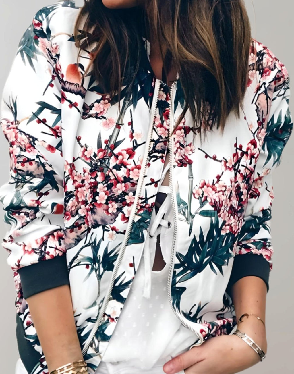 Women's All-Over Floral Print Zip Bomber with Side Pockets - White