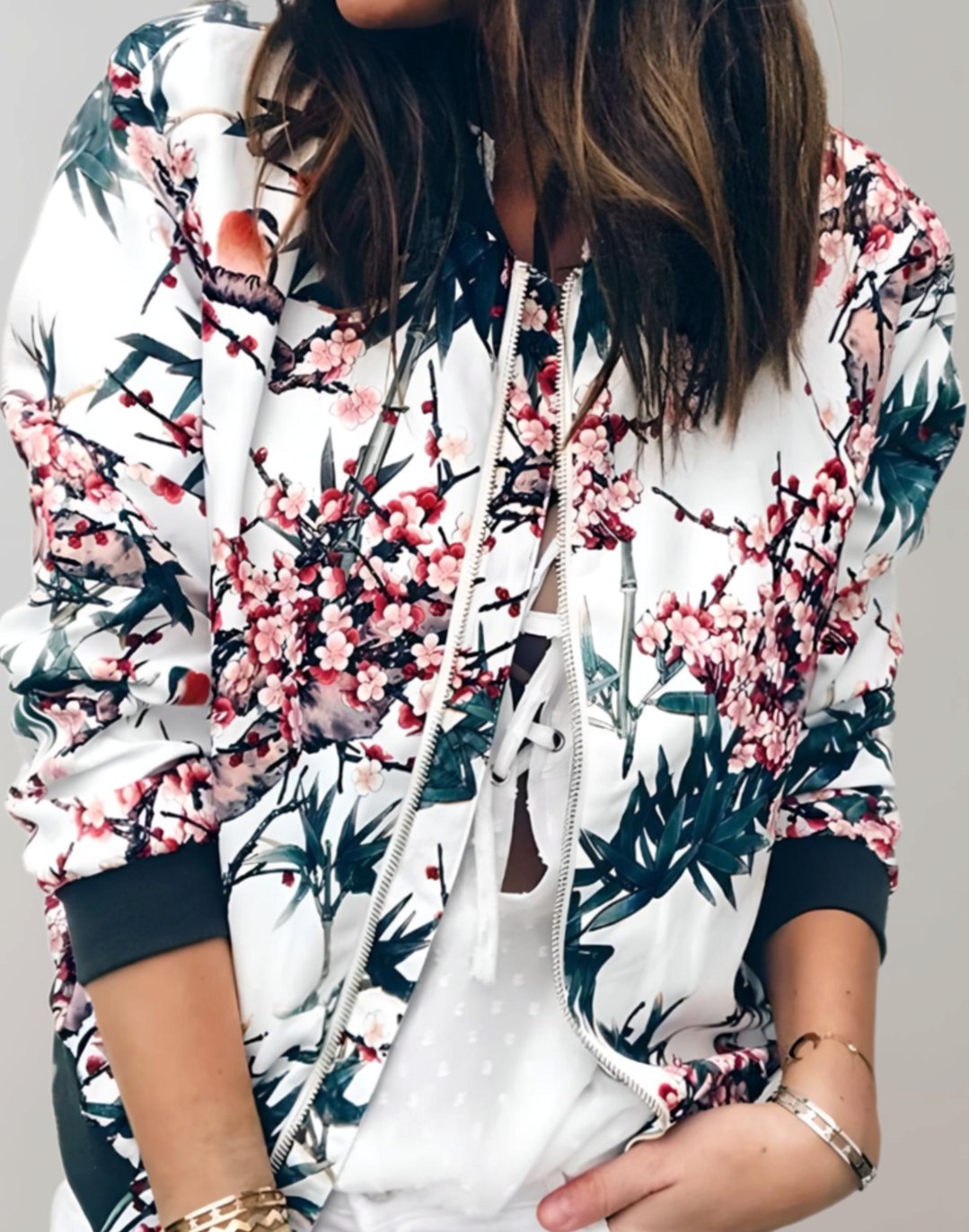 Women's All-Over Floral Print Zip Bomber with Side Pockets - White