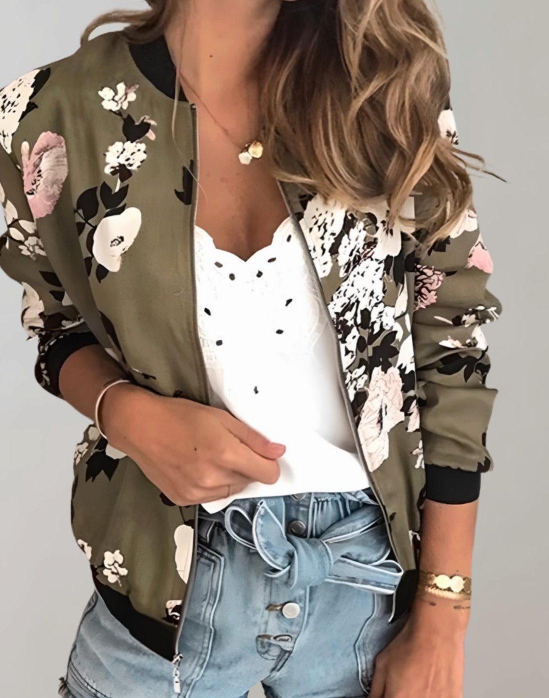 Women's All-Over Floral Print Zip Bomber with Side Pockets - Army Green