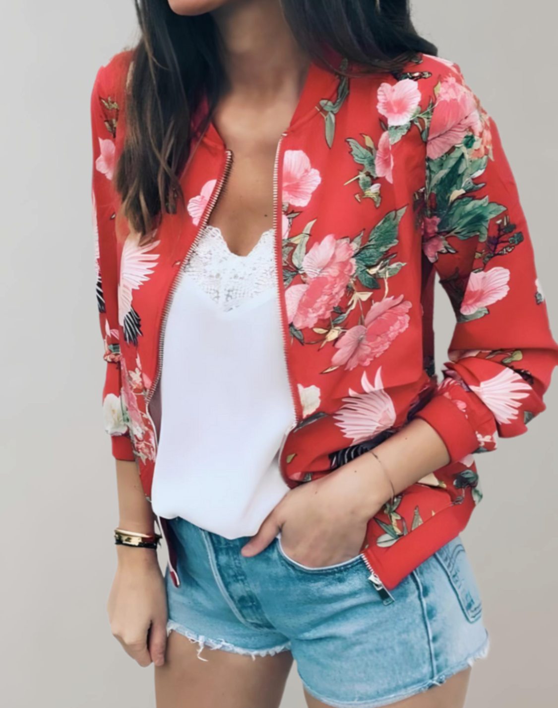 Women's All-Over Floral Print Zip Bomber with Side Pockets - Red
