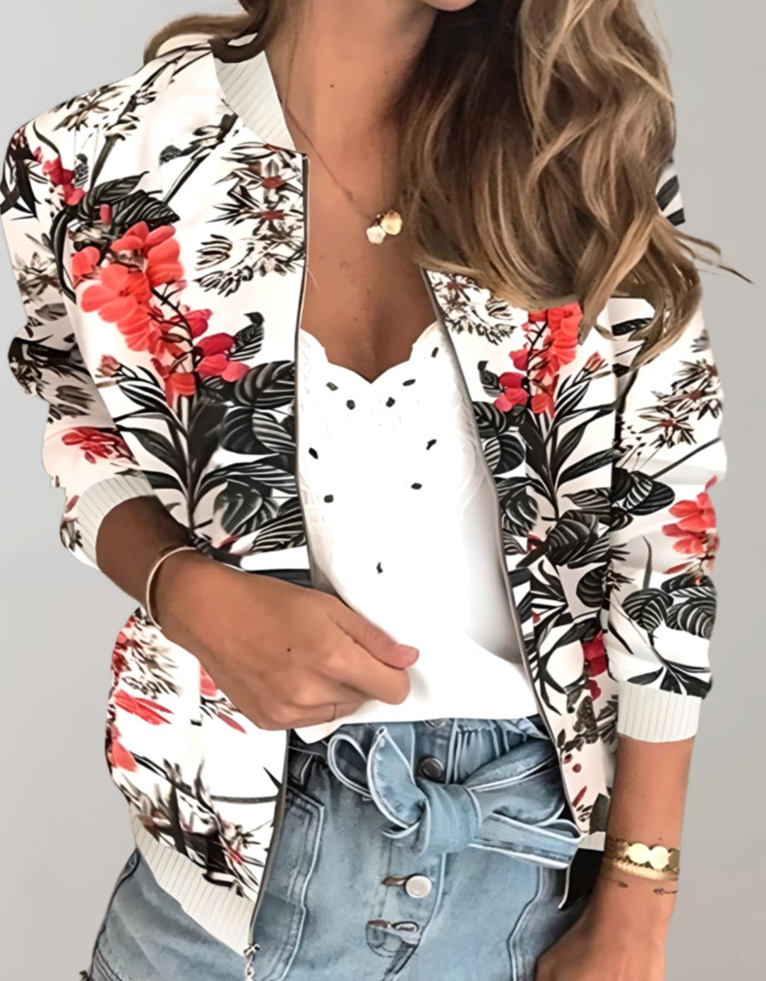 Women's All-Over Floral Print Zip Bomber with Side Pockets - Off-white