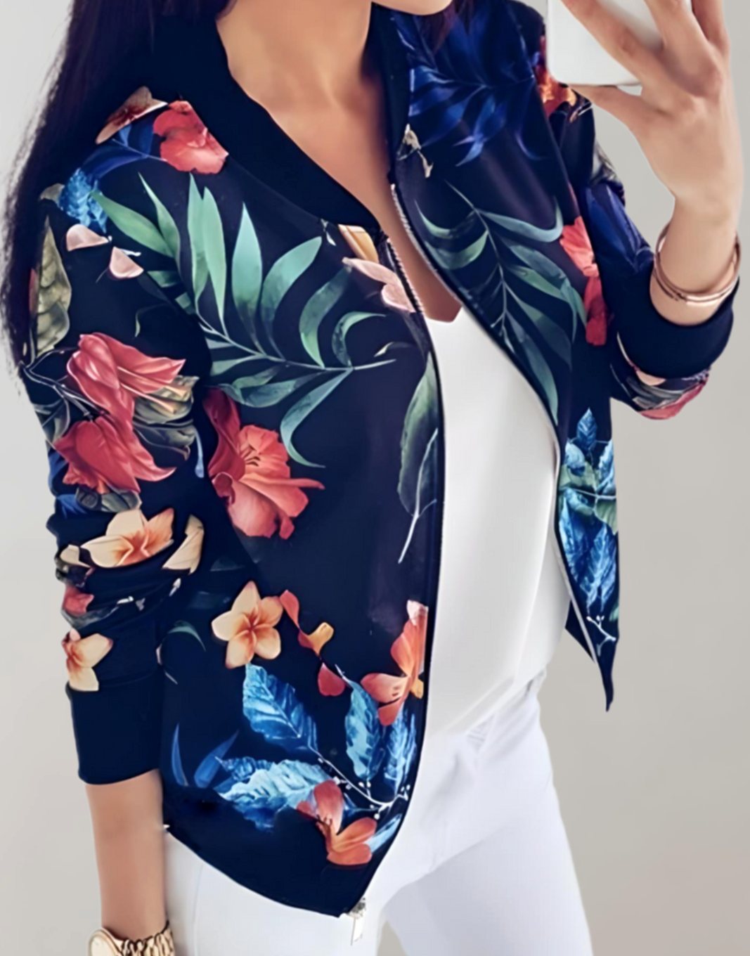 Women's All-Over Floral Print Zip Bomber with Side Pockets - Blue