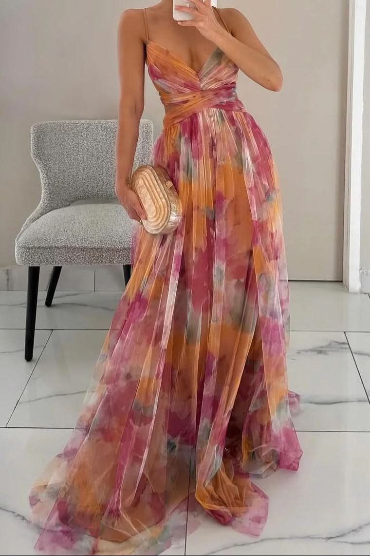 Women's Floral Tulle Sleeveless Maxi Cocktail Dress