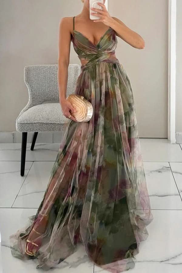 Women's Floral Tulle Sleeveless Maxi Cocktail Dress