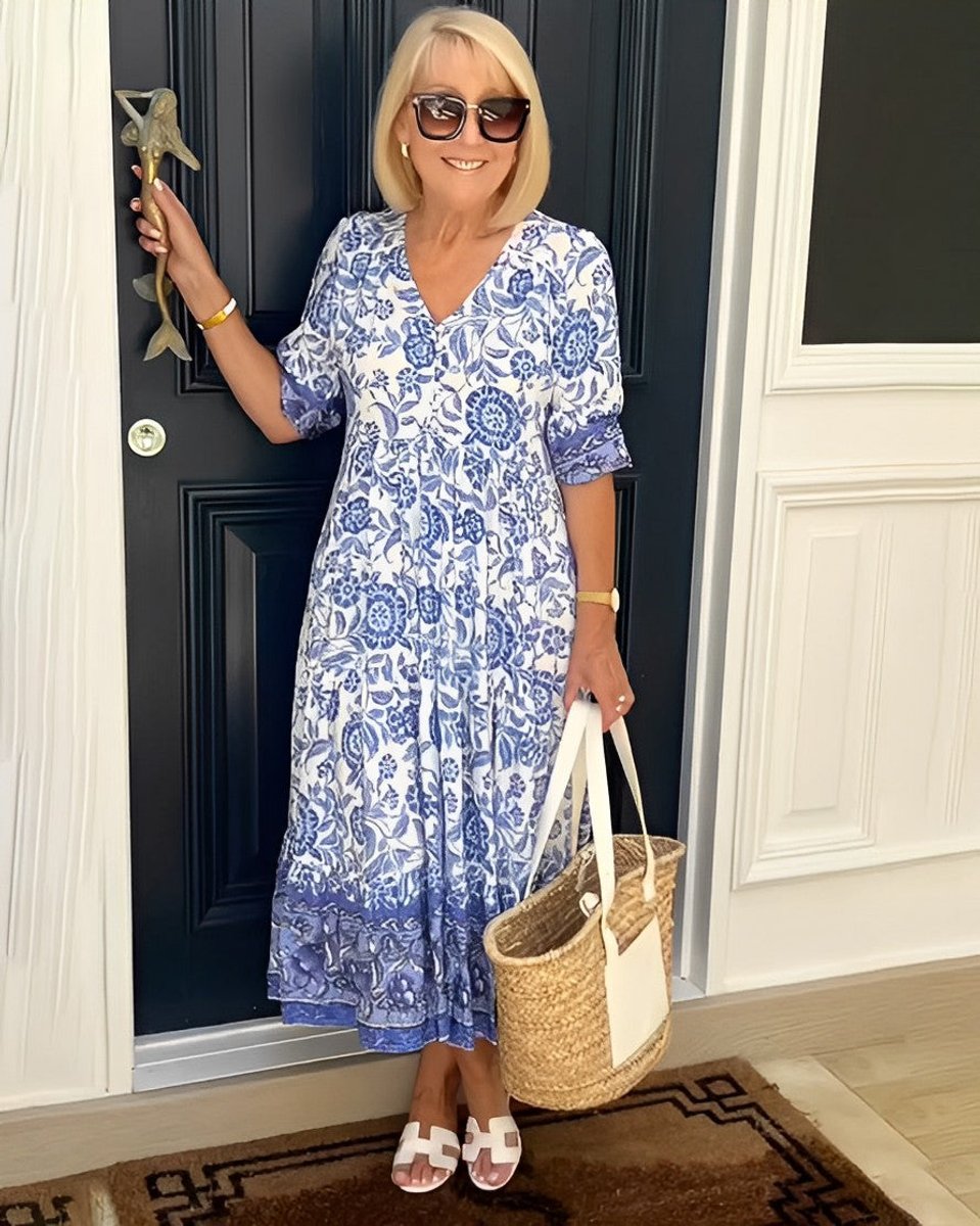 Women's Floral V-Neck Tiered Midi Elegant Dress